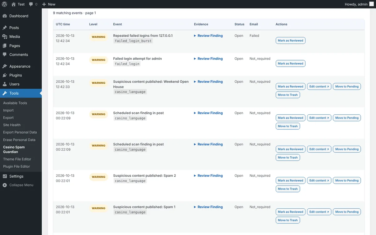 Security findings with filters