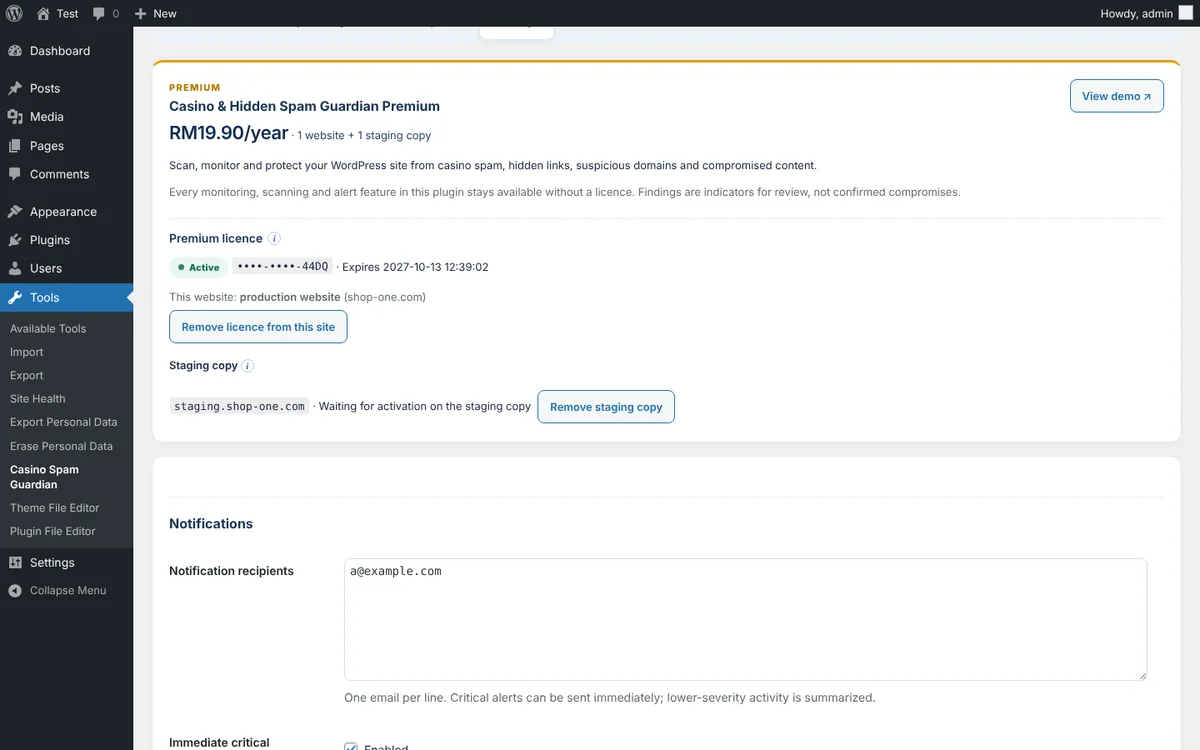 Premium licence and staging copy