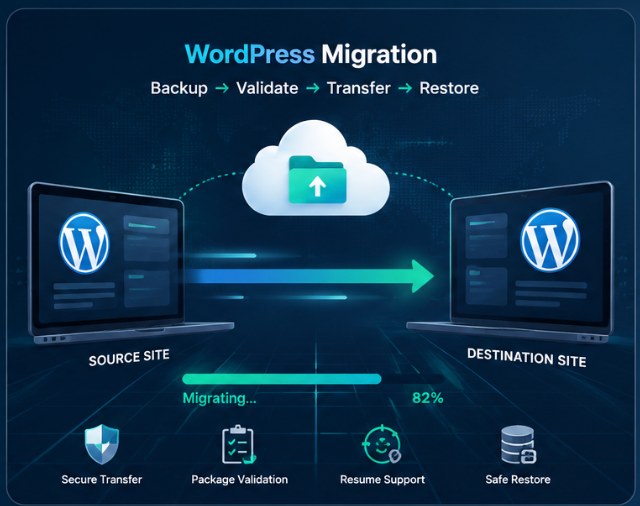 WordPress Migration from source site to destination site with backup, validation, transfer and restore workflow