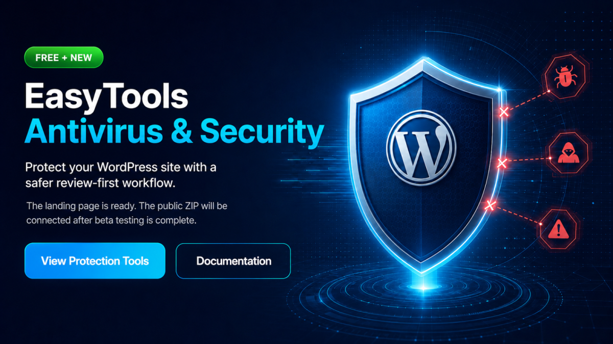 EasyTools Antivirus and Security for WordPress with View Protection Tools and Documentation buttons
