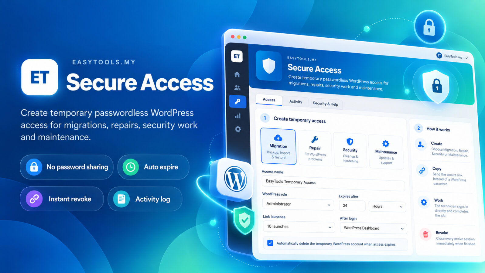 EasyTools Secure Access for temporary WordPress access